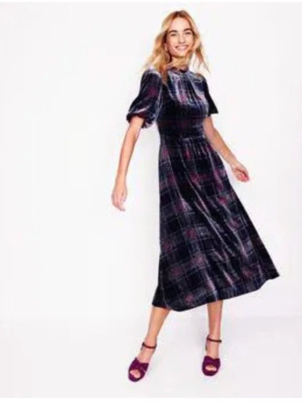 Boden Womens Velvet Midi Dress UK 14P US 10P Blue Plaid puff sleeve D1095 NWT